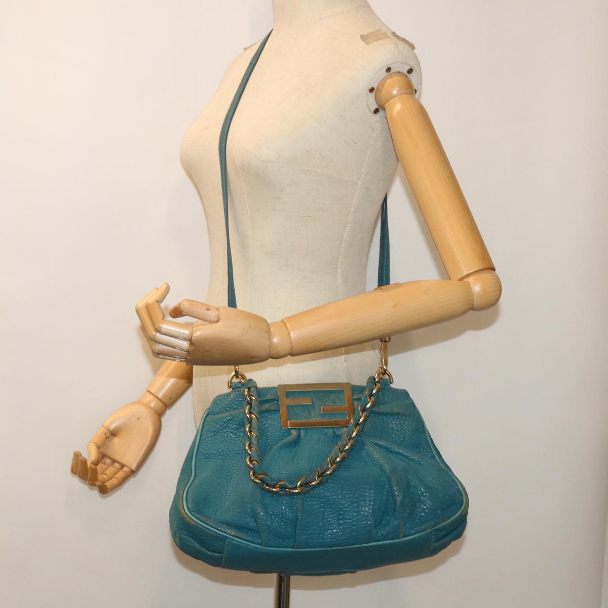 FENDI Chain Shoulder Bag Leather 2way Turquoise Blue Auth 52739