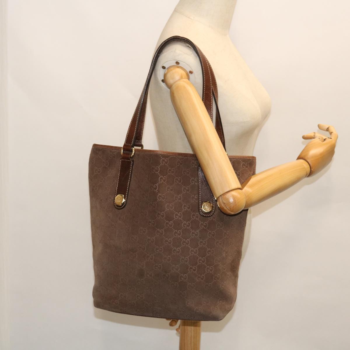 GUCCI GG Canvas Tote Bag Suede Brown Auth 52749