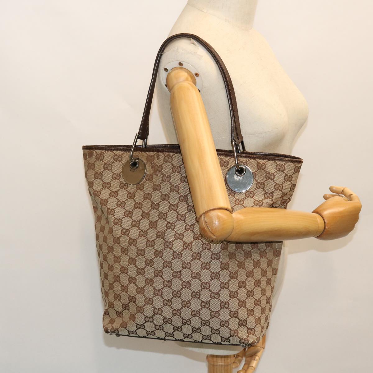 GUCCI GG Canvas Tote Bag Beige Brown Auth 52750