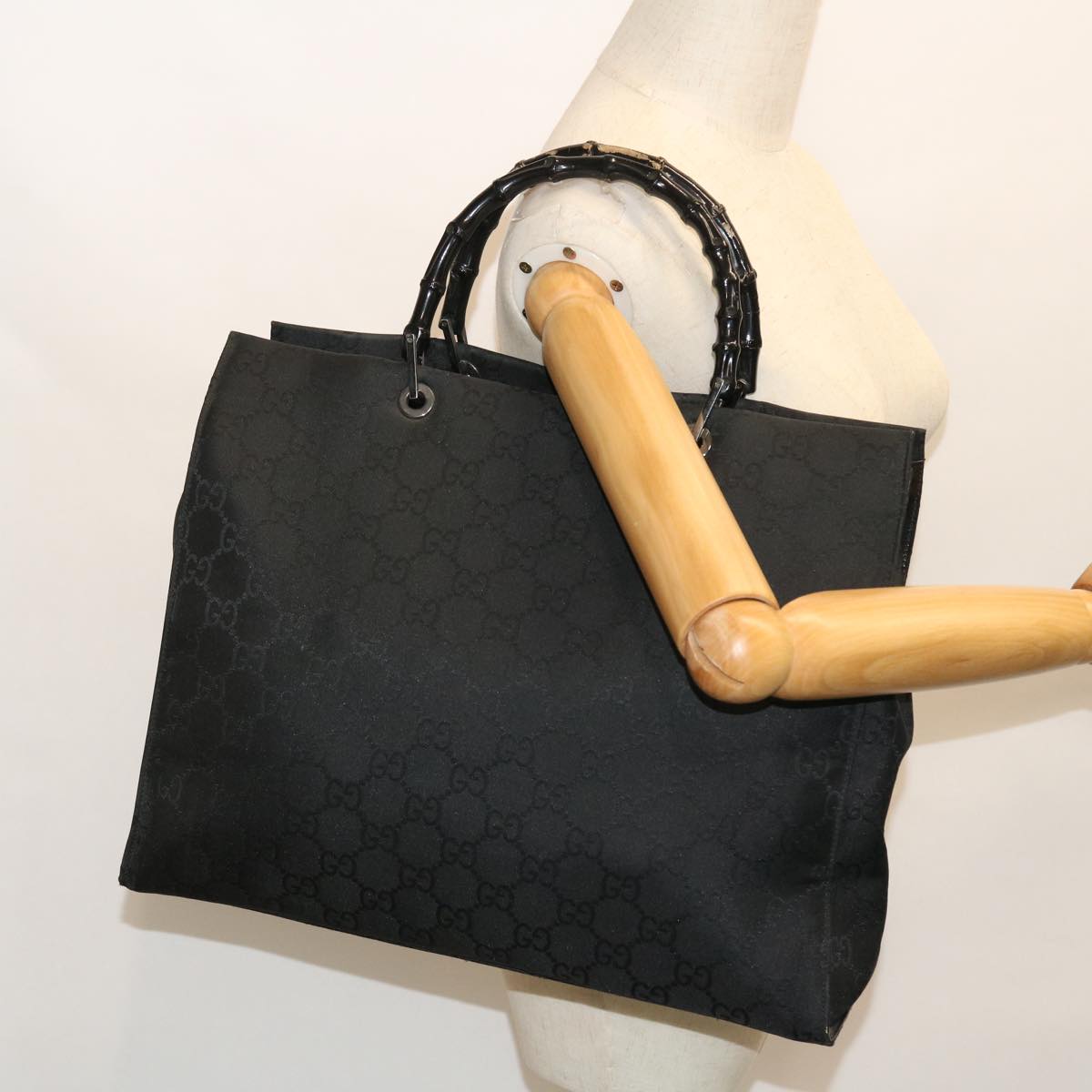 GUCCI GG Canvas Bamboo Hand Bag Nylon Black Auth 52760