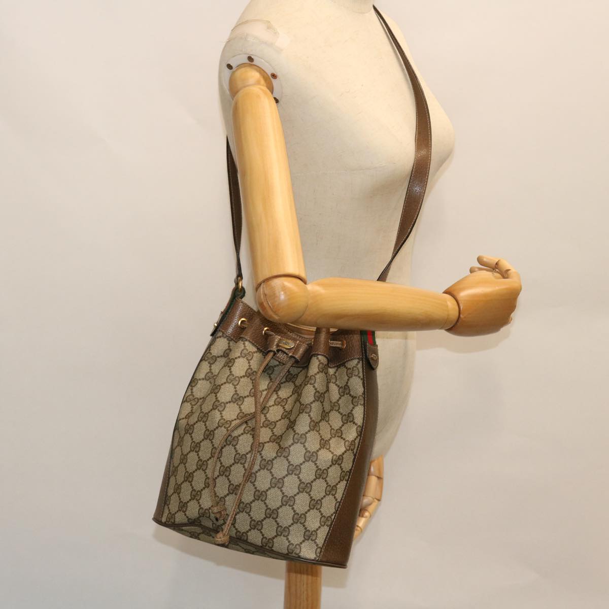 GUCCI GG Canvas Web Sherry Line Shoulder Bag PVC Leather Beige Green Auth 52761