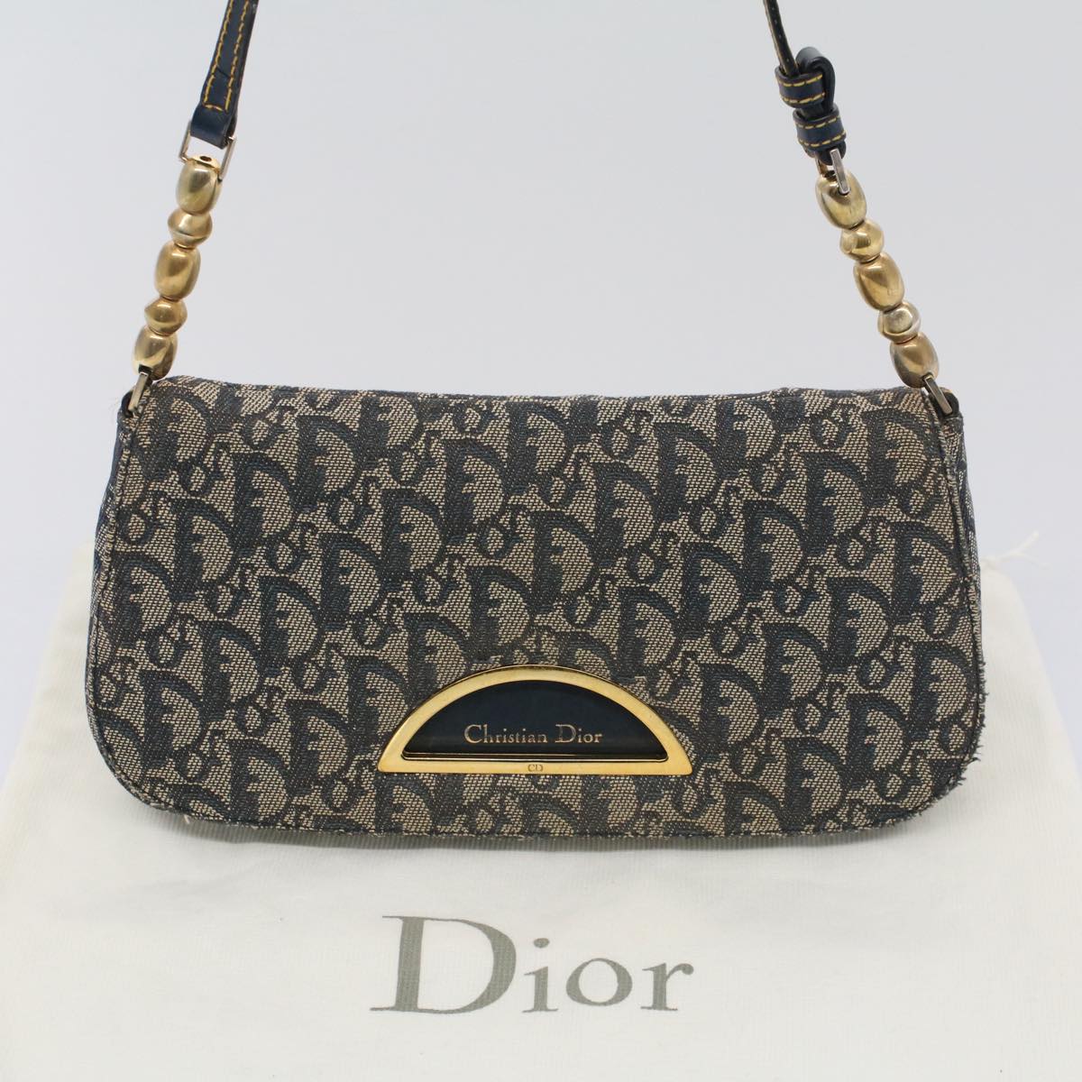 Christian Dior Trotter Canvas Maris Pearl Shoulder Bag Navy Auth 52862