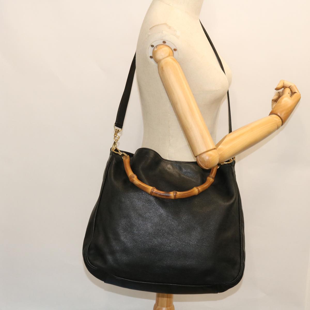 GUCCI Bamboo Shoulder Bag Leather 2way Black Auth 52913