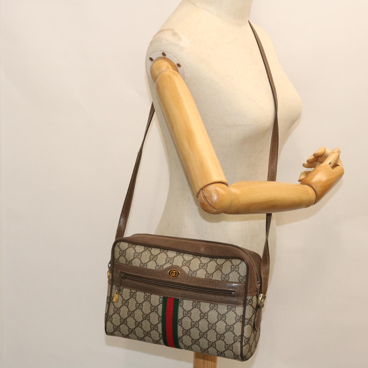 GUCCI GG Canvas Web Sherry Line Shoulder Bag PVC Leather Beige Green Auth 52918