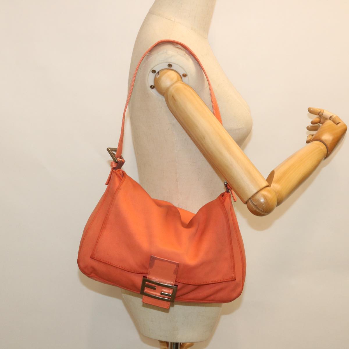 FENDI Mamma Baguette Shoulder Bag Nylon Orange Auth 53082