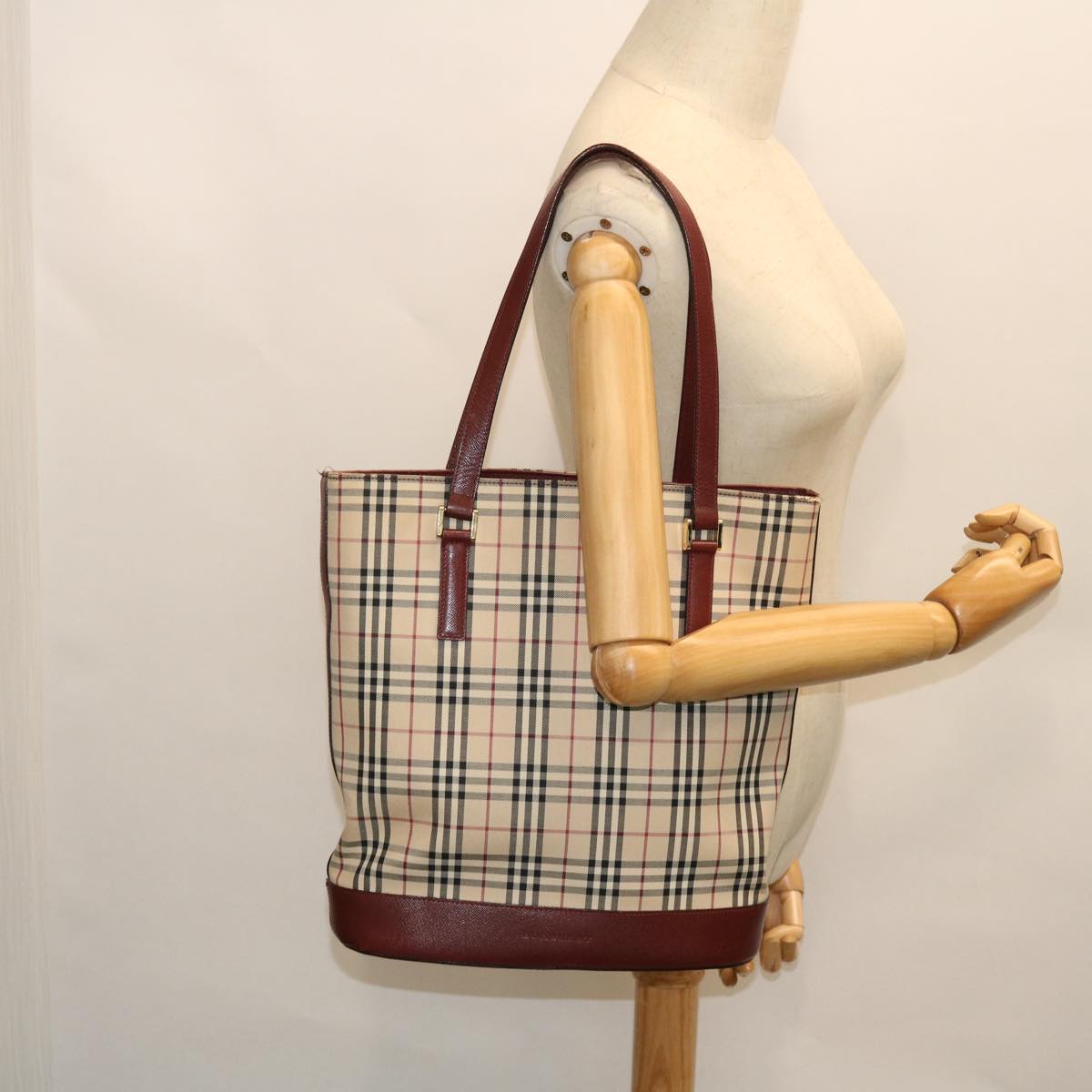 BURBERRY Nova Check Tote Bag Canvas Leather Beige Red Auth 53247