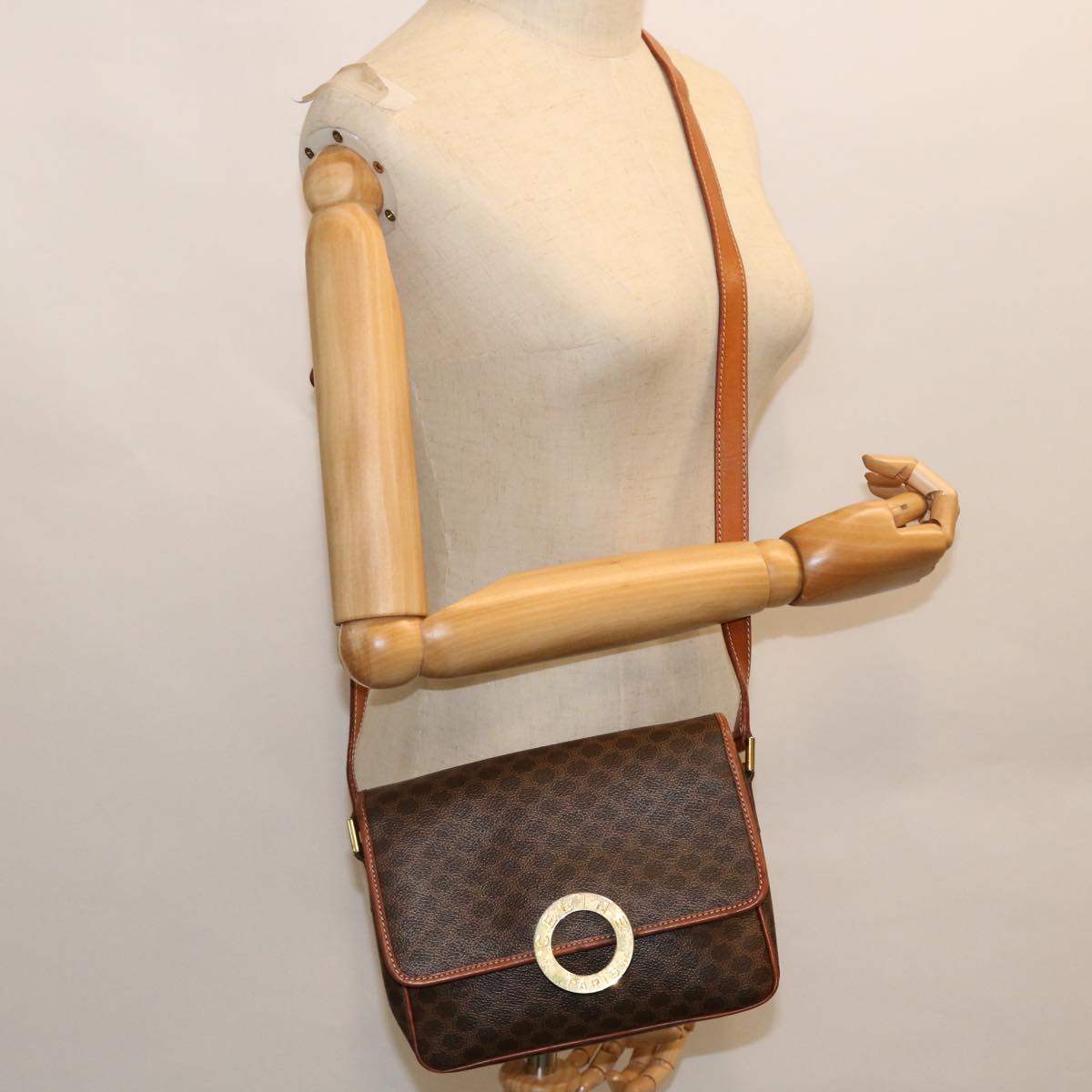 CELINE Macadam Canvas Shoulder Bag PVC Leather Brown Auth 53340