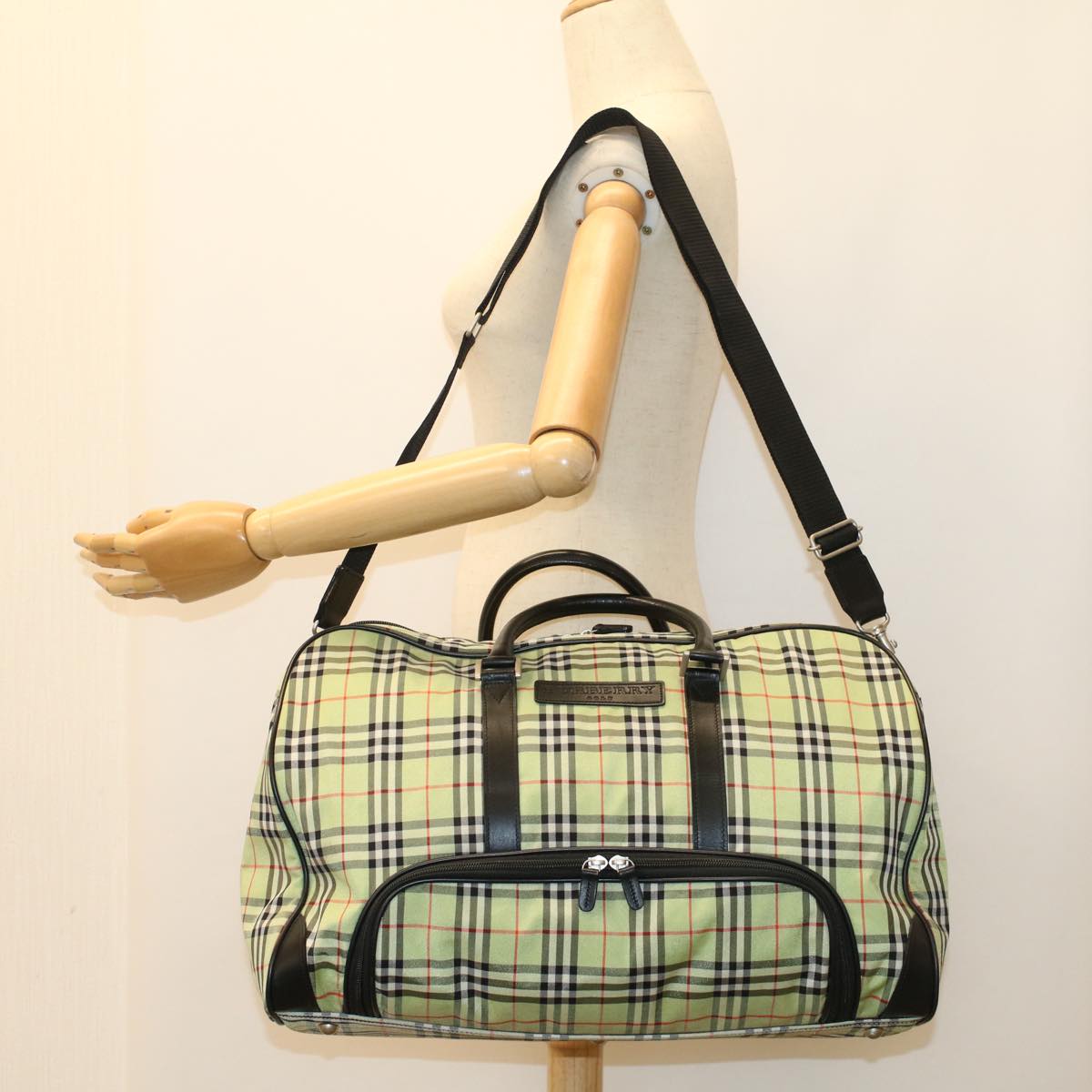 BURBERRY Nova Check Boston Bag Nylon 2way Green Black Auth 53378