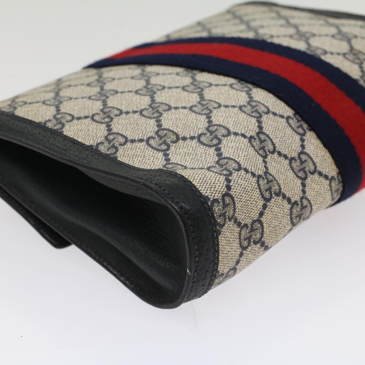 GUCCI GG Canvas Sherry Line Clutch Bag PVC Leather Navy Red Auth 53647