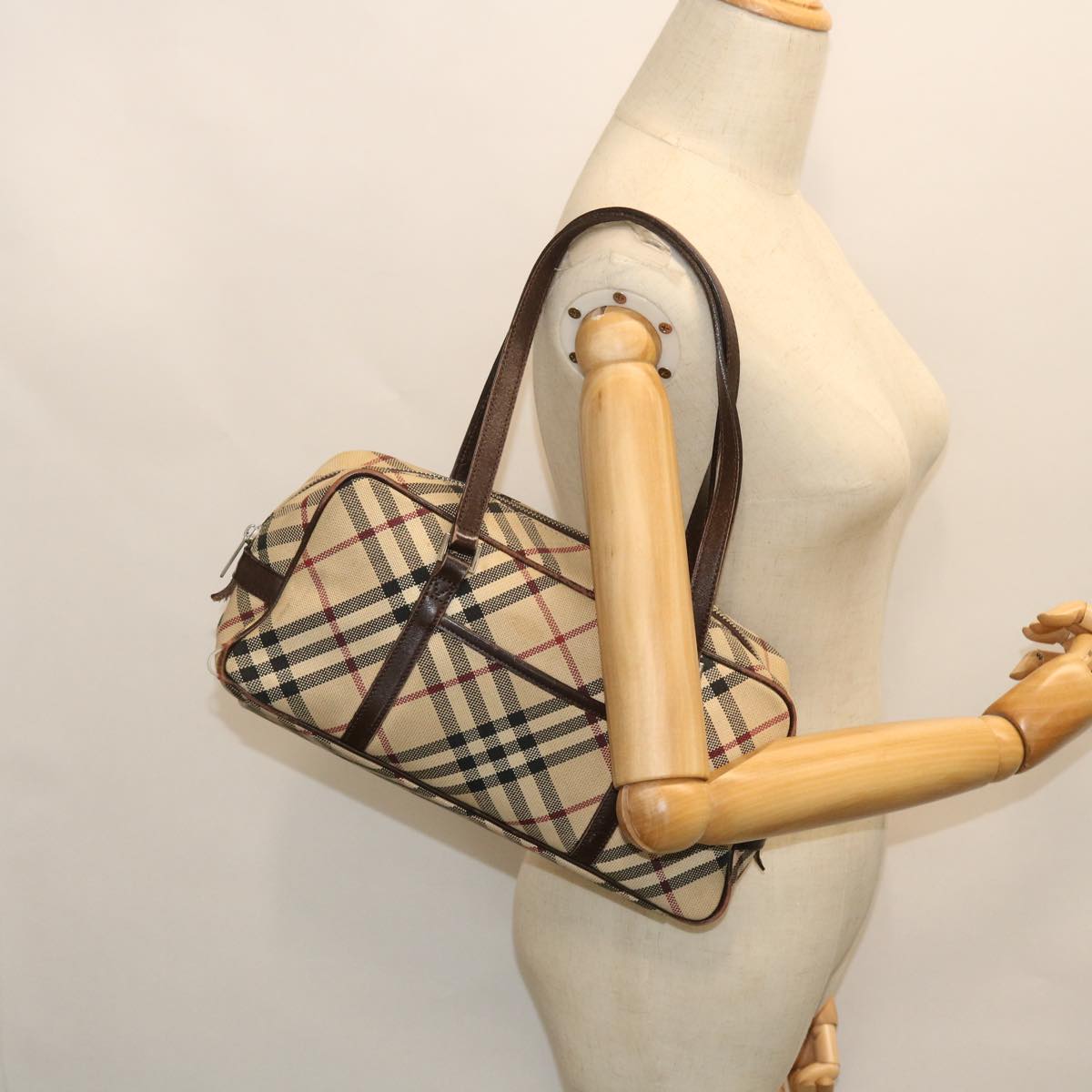 BURBERRY Nova Check Blue Label Hand Bag Canvas Leather Beige Brown Auth 53728