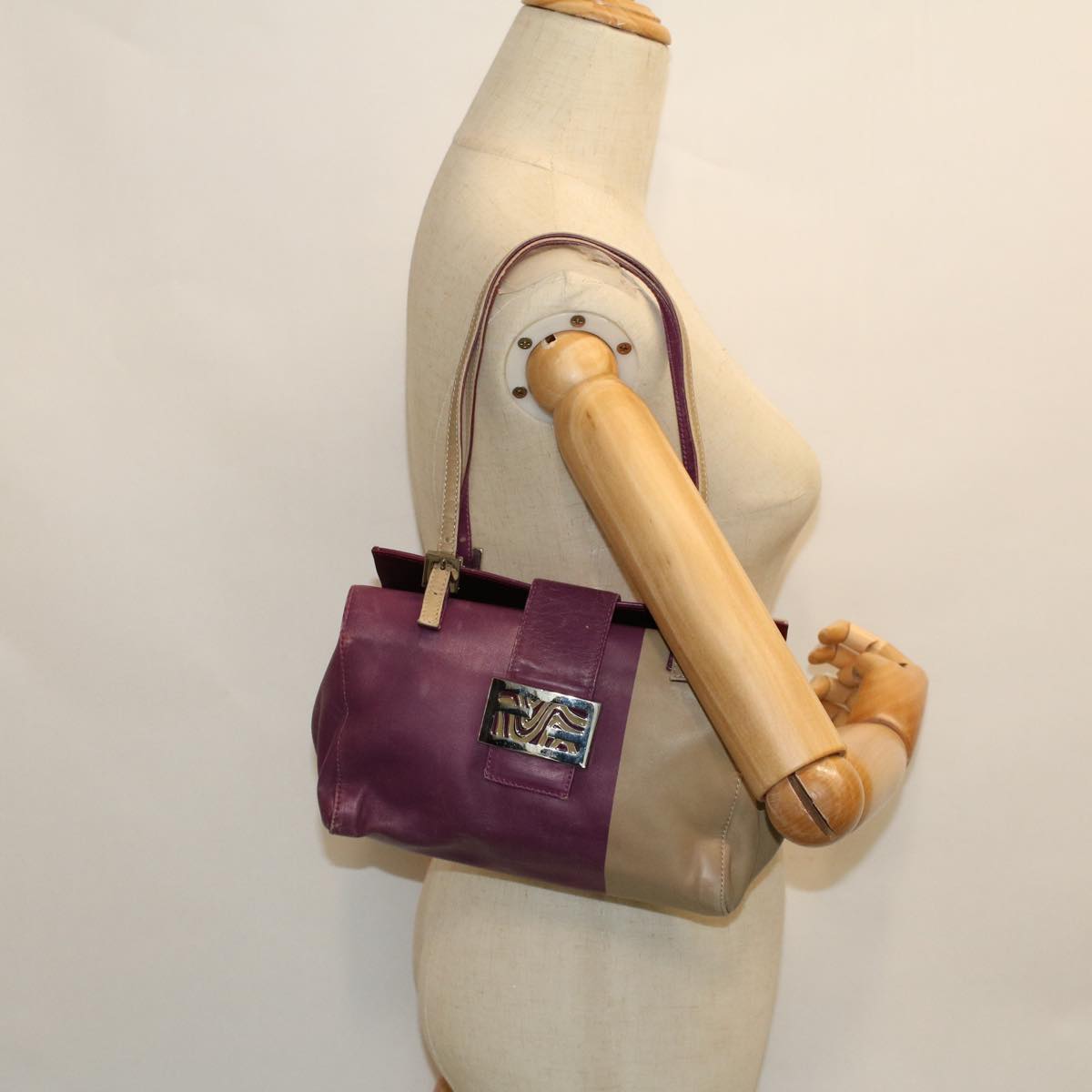 FENDI Mamma Baguette Hand Bag Leather Beige Purple Auth 53742