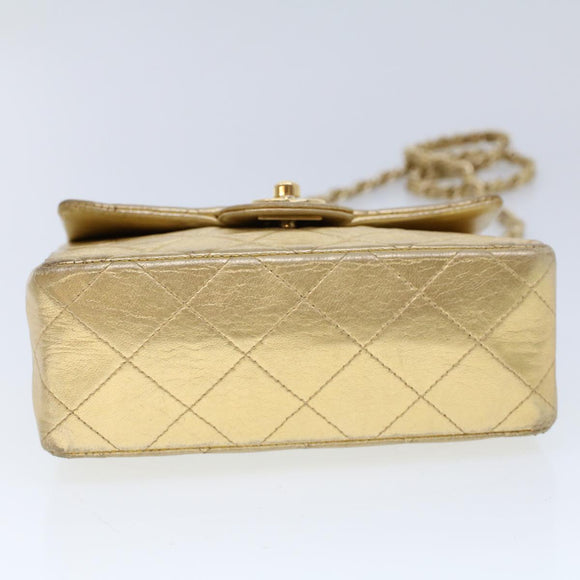 CHANEL Matelasse Turn Lock Chain Shoulder Bag Lamb Skin Gold CC Auth 53752SA