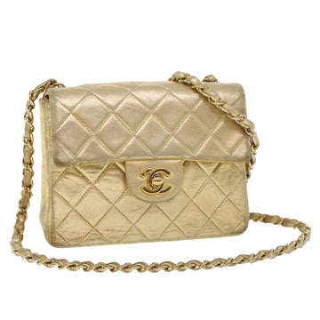 CHANEL Matelasse Turn Lock Chain Shoulder Bag Lamb Skin Gold CC Auth 53752SA