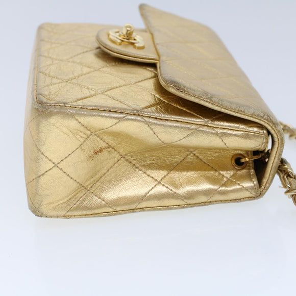 CHANEL Matelasse Turn Lock Chain Shoulder Bag Lamb Skin Gold CC Auth 53752SA