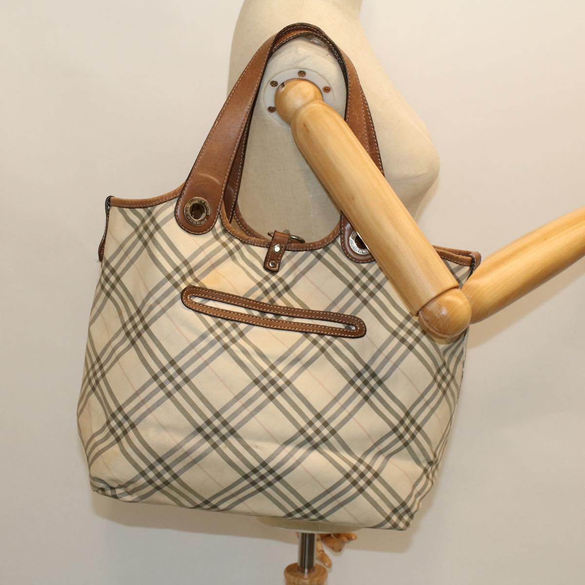 BURBERRY Nova Check Blue Label Hand Bag Canvas Leather Beige Brown Auth 53793