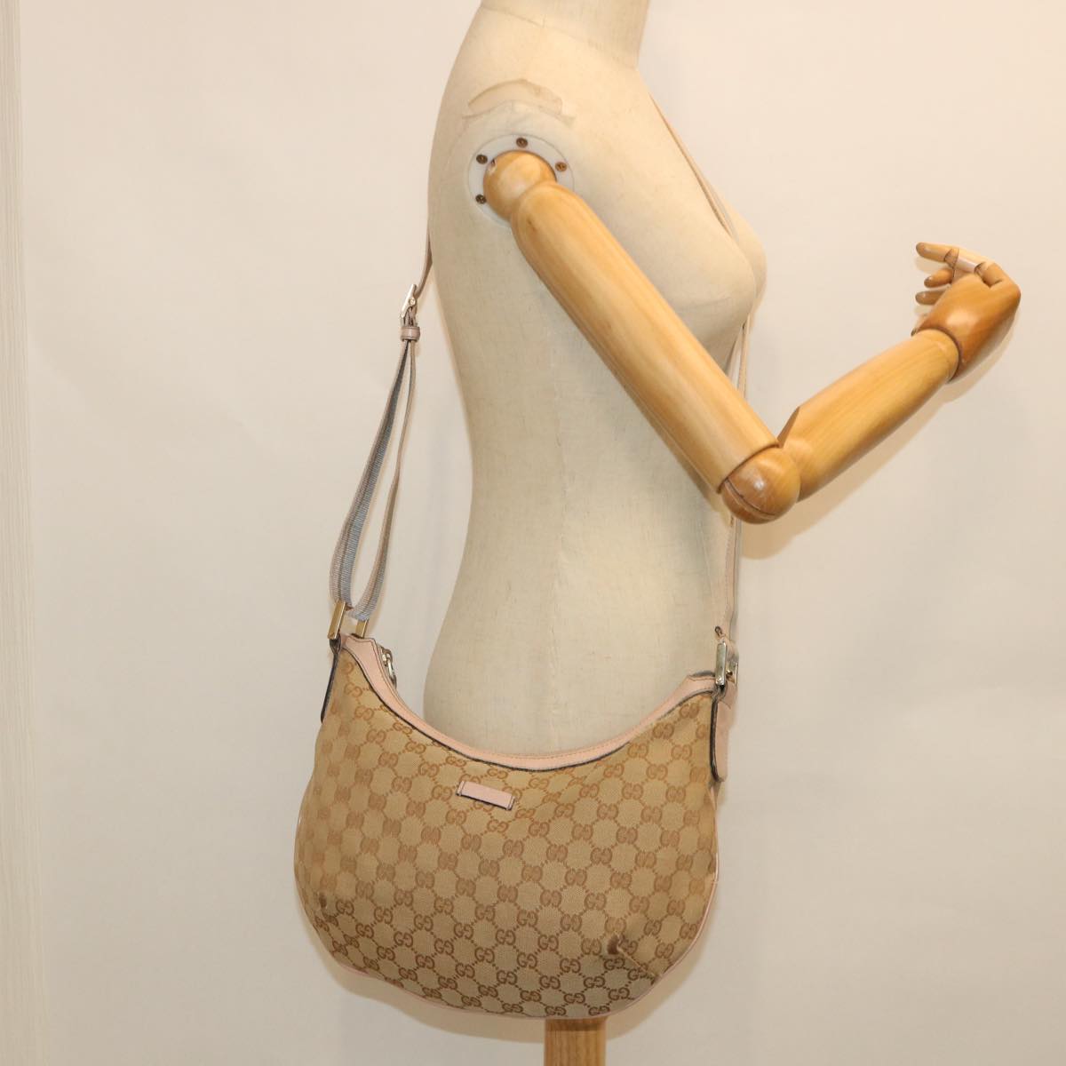 GUCCI GG Canvas Sherry Line Shoulder Bag Beige Light Blue pink 181092 Auth 53844