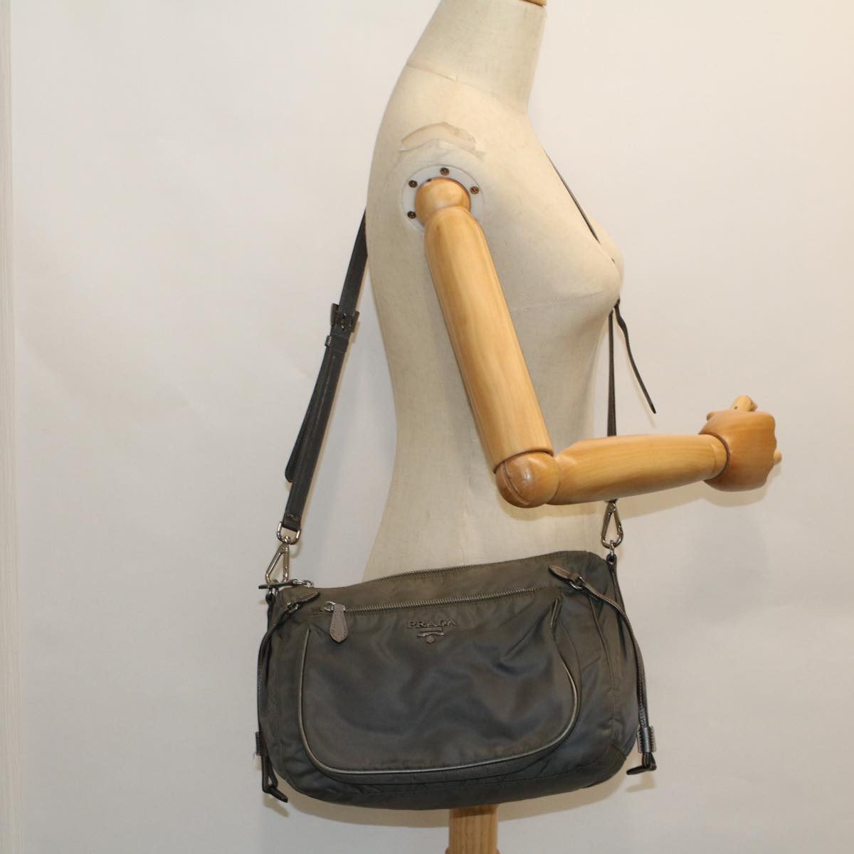 PRADA Shoulder Bag Nylon Leather Gray Auth 53845