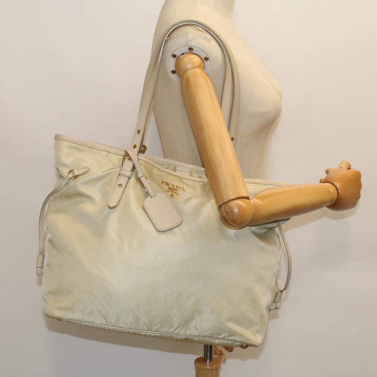 PRADA Tote Bag Nylon Leather Cream Auth 53846