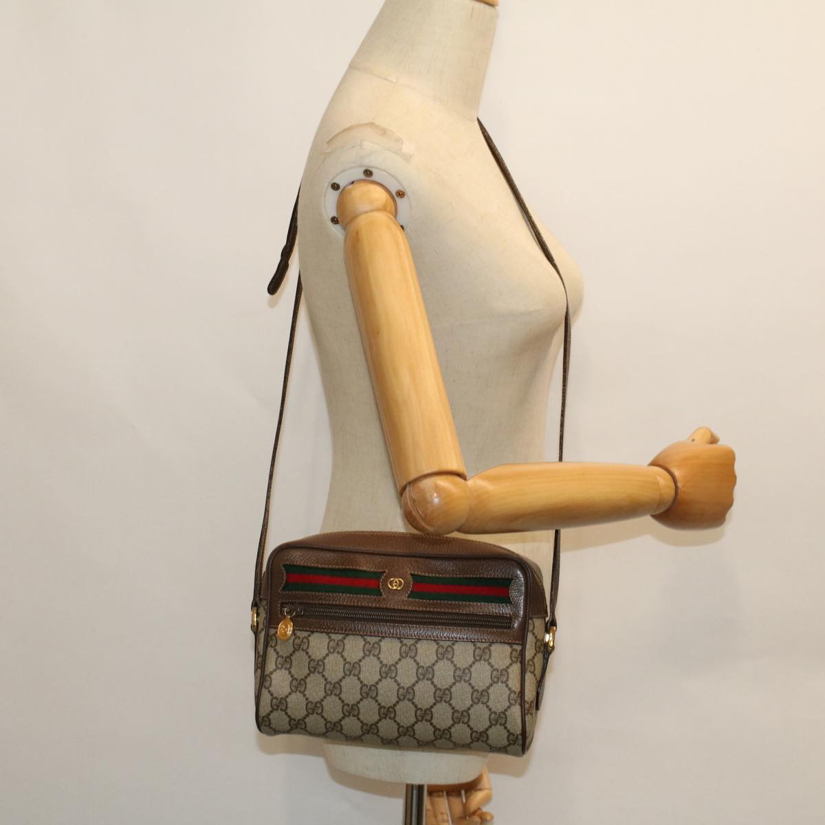 GUCCI GG Canvas Web Sherry Line Shoulder Bag PVC Leather Beige Green Auth 54004