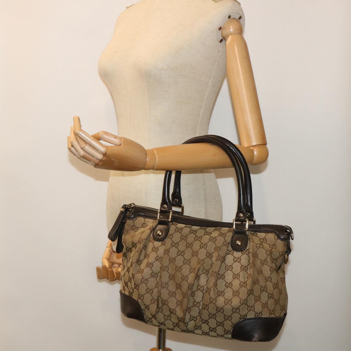 GUCCI GG Canvas Hand Bag Leather 2way Beige 247902 Auth 54014