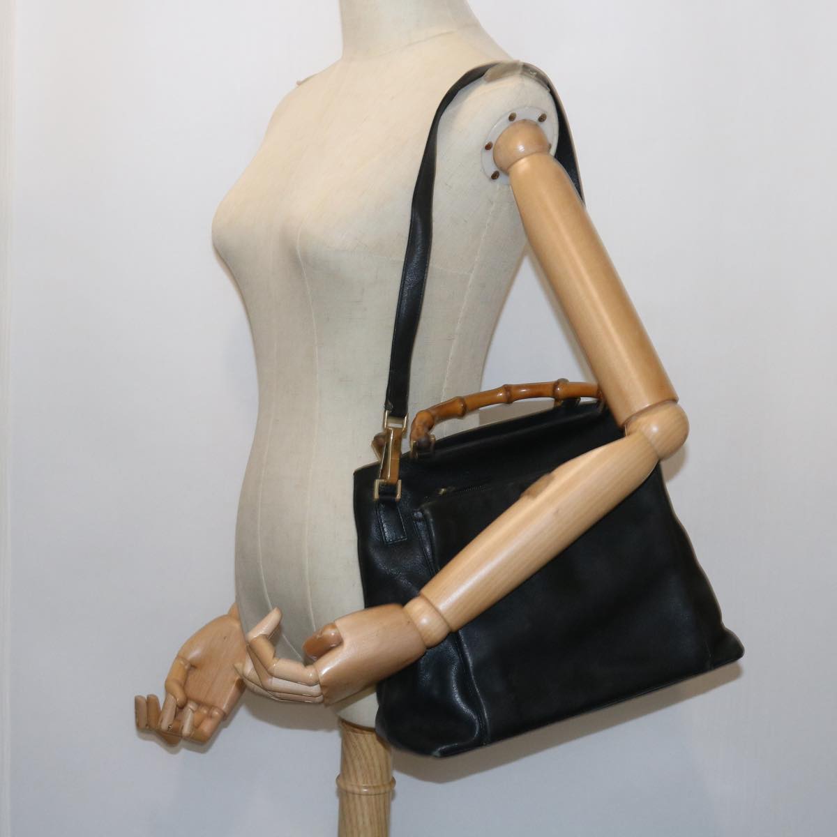 GUCCI Bamboo Shoulder Bag Leather 2way Black Auth 54020