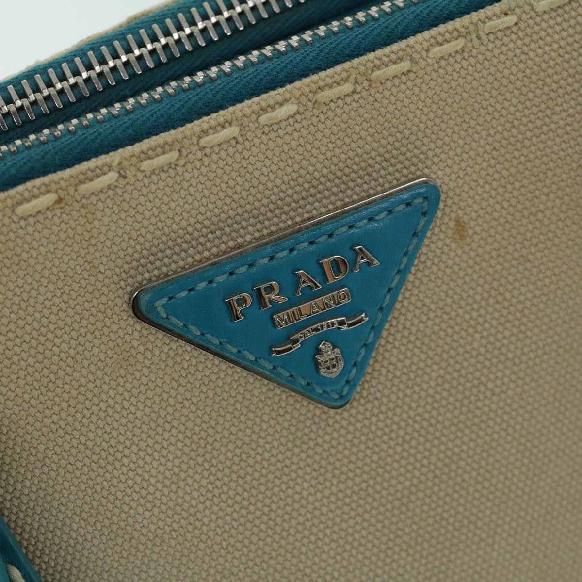 PRADA Hand Bag Canvas Leather Light Blue Beige Auth 54032