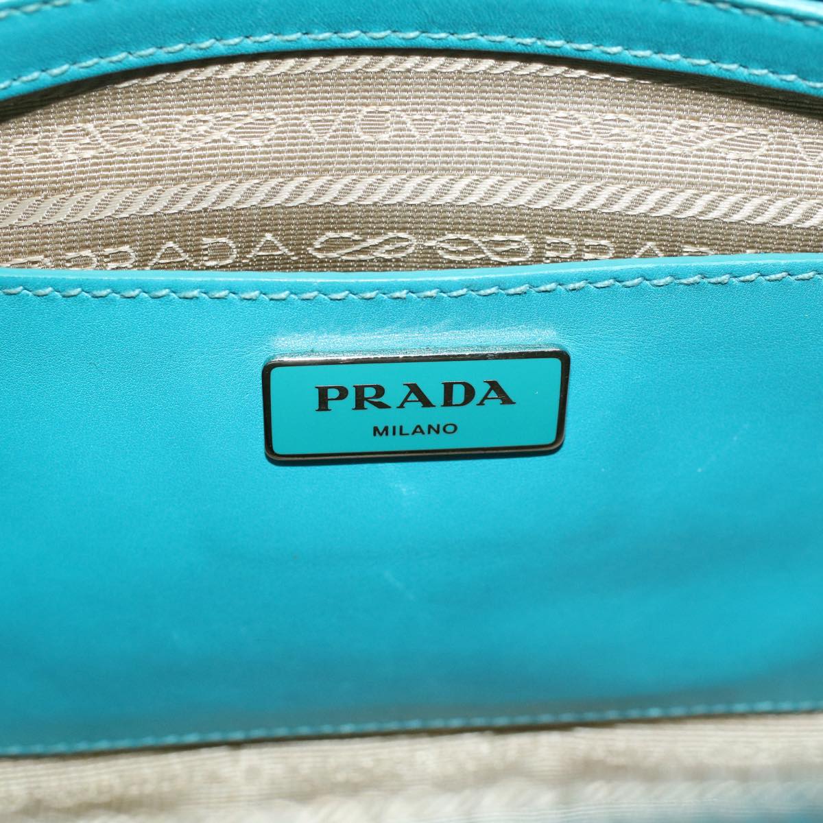 PRADA Hand Bag Canvas Leather Light Blue Beige Auth 54032