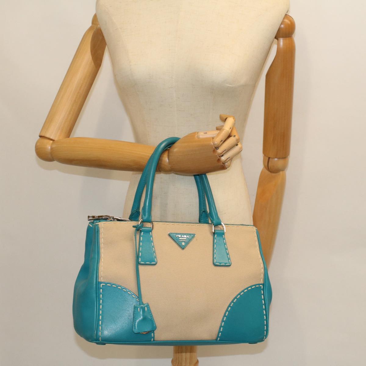 PRADA Hand Bag Canvas Leather Light Blue Beige Auth 54032