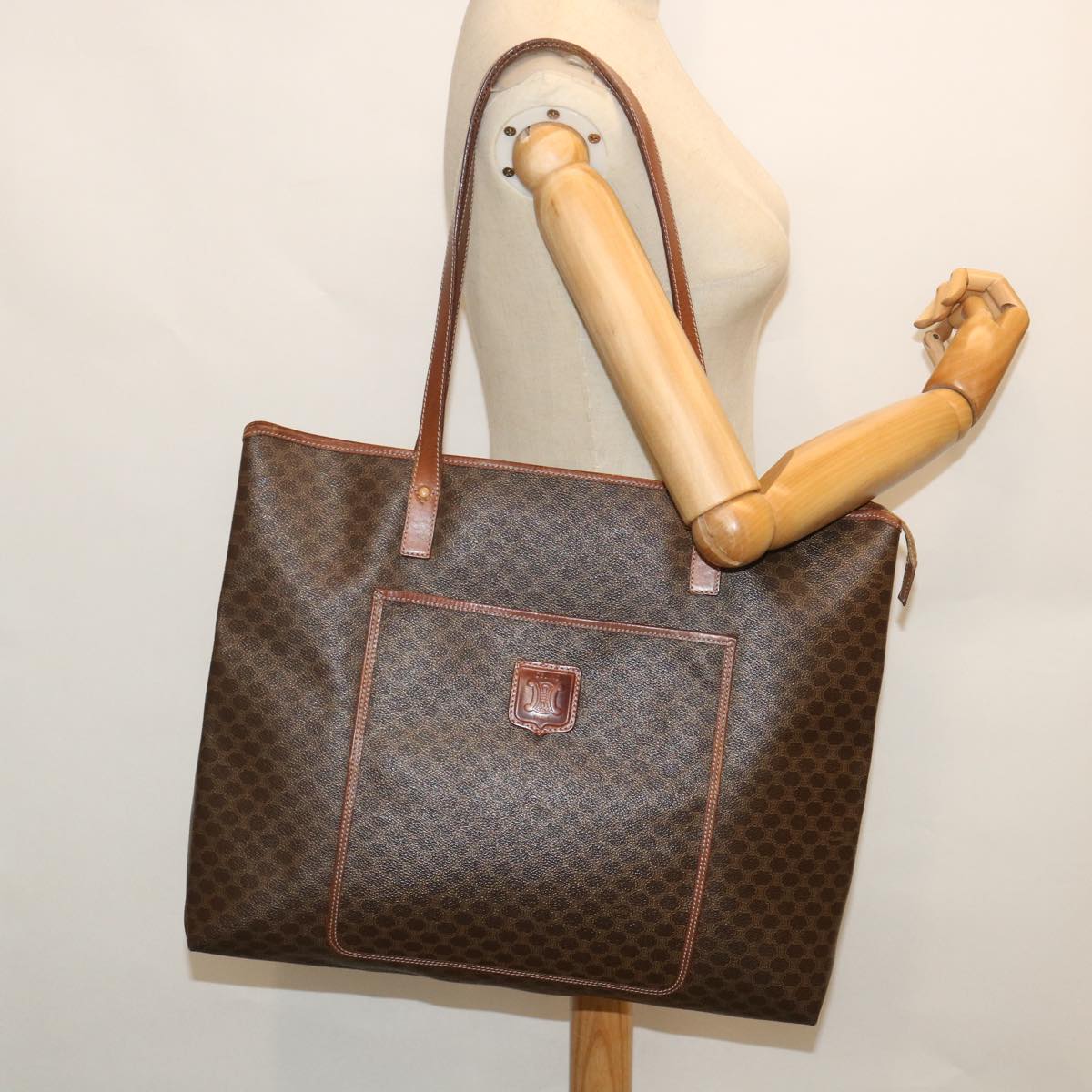 CELINE Macadam Canvas Shoulder Bag PVC Leather Brown Auth 54121