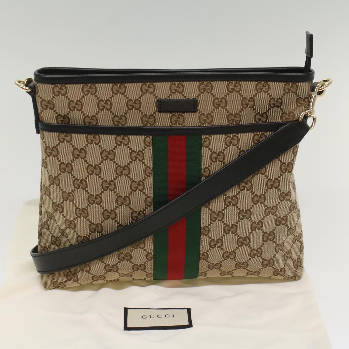 GUCCI GG Supreme Web Sherry Line Shoulder Bag Beige Red Green 388926 Auth 54134