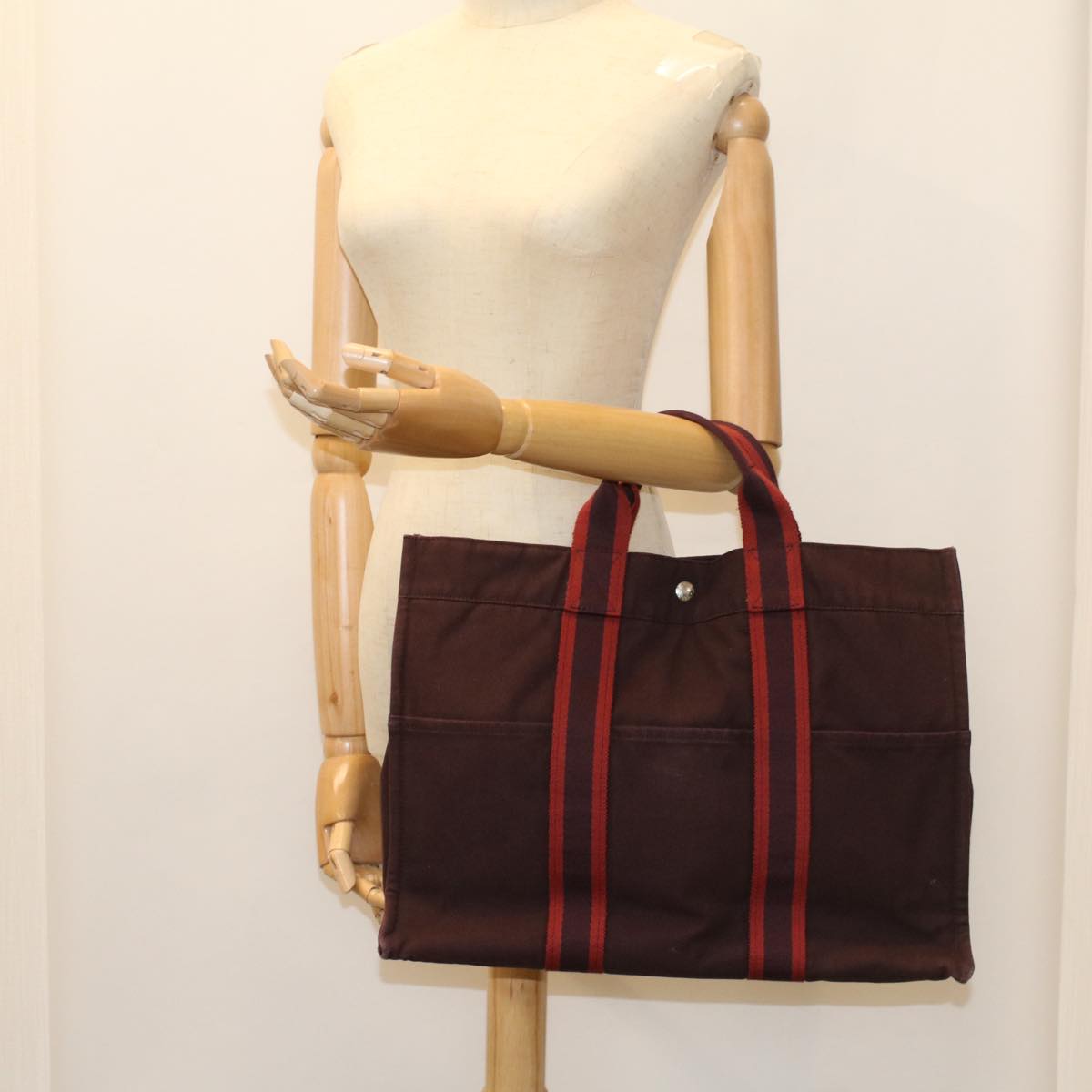 HERMES Fourre ToutMM Hand Bag Canvas Wine Red Auth 54140