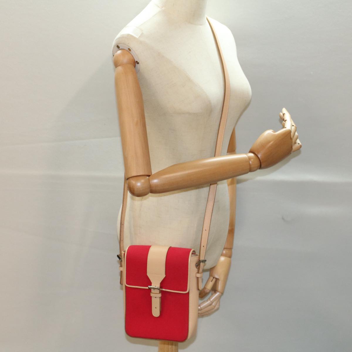 BURBERRY Shoulder Bag Canvas Leather Beige Red Auth 54143