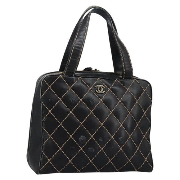 CHANEL Wild Stitch Hand Bag Leather Black CC Auth 54178