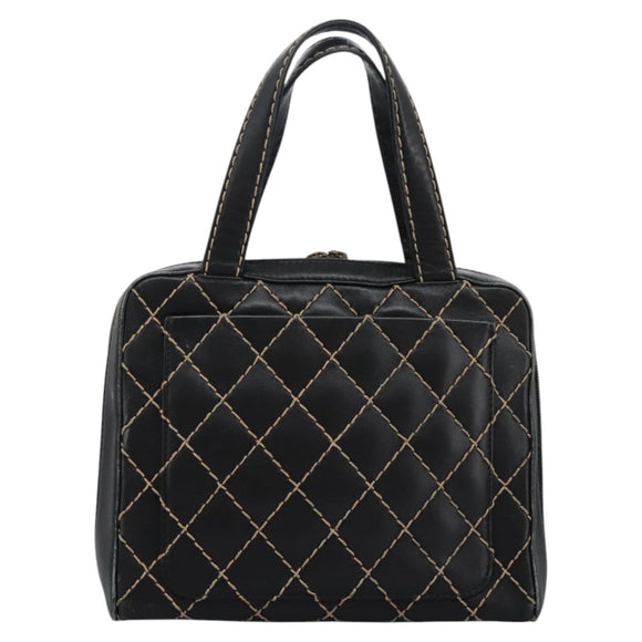 CHANEL Wild Stitch Hand Bag Leather Black CC Auth 54178