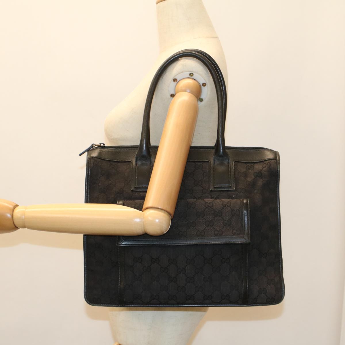 GUCCI GG Canvas Hand Bag Leather Black 000 0854 001013 Auth 54325