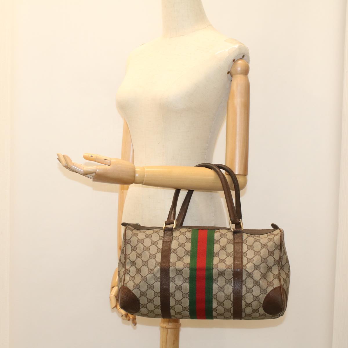 GUCCI GG Supreme Web Sherry Line Hand Bag PVC Leather Beige Red Green Auth 54339