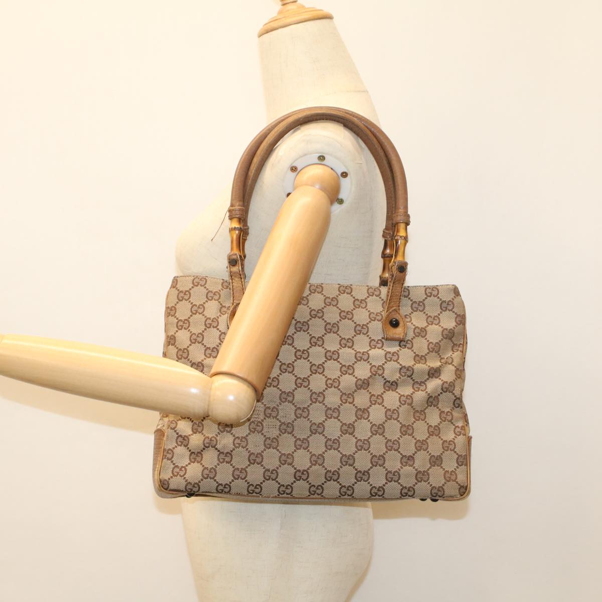 GUCCI GG Canvas Bamboo Hand Bag Leather Beige Brown Auth 54340