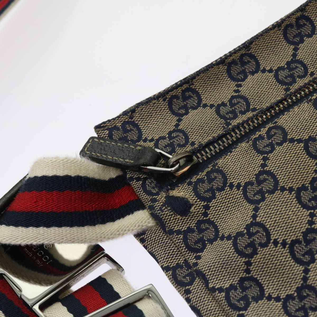 GUCCI GG Canvas Shoulder Bag Leather Gray Navy Red Auth 54355