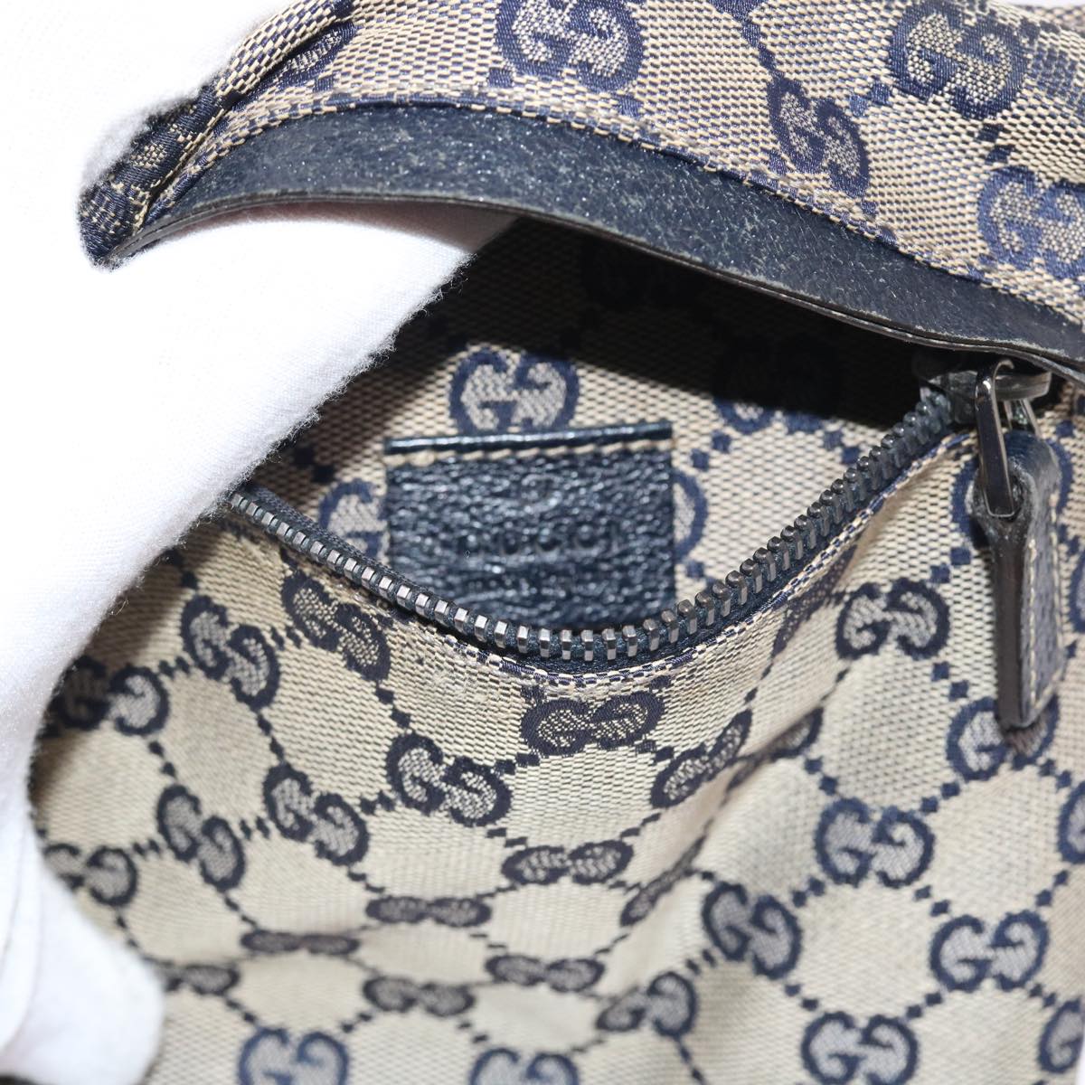 GUCCI GG Canvas Shoulder Bag Leather Gray Navy Red Auth 54355