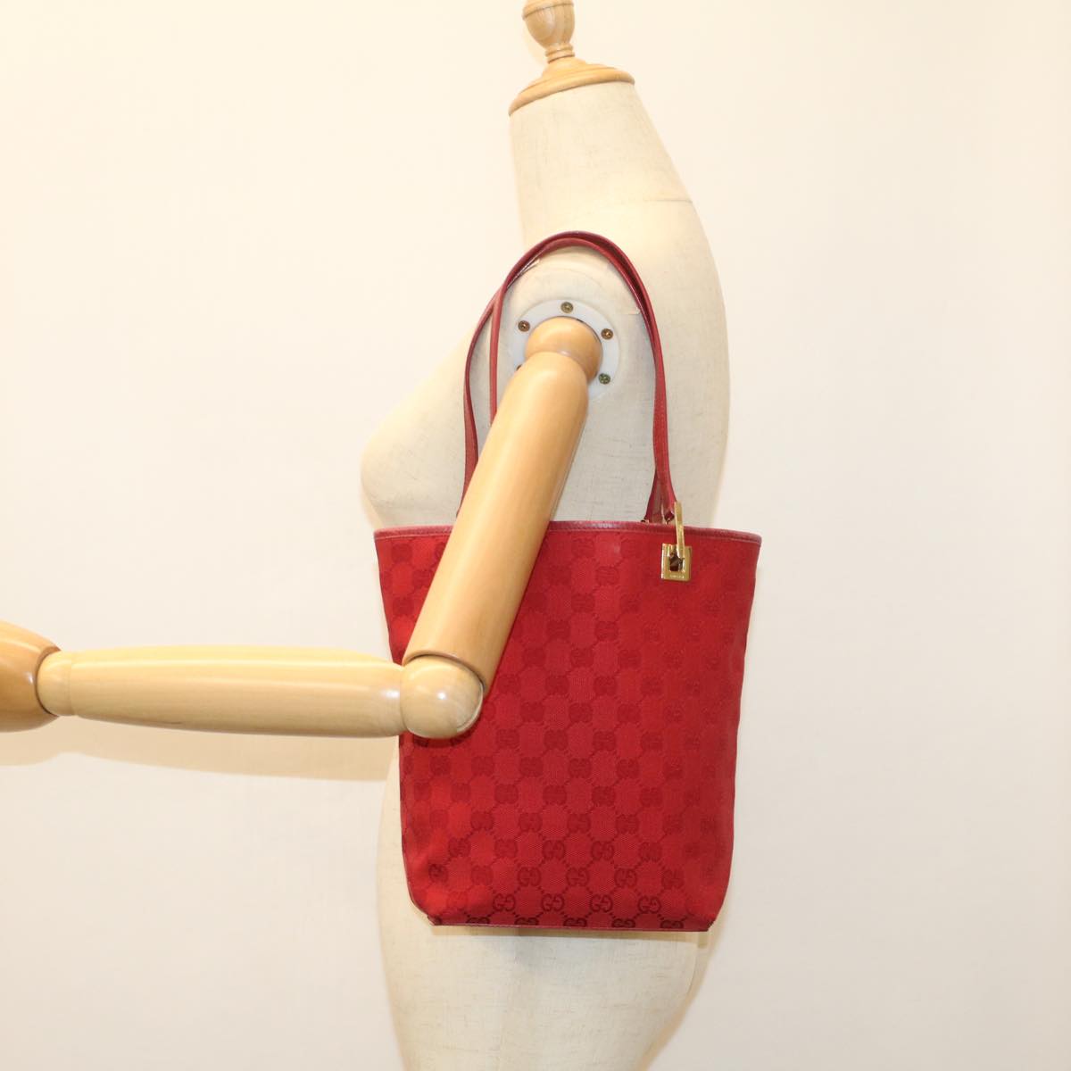 GUCCI GG Canvas Tote Bag Leather Red Auth 54426