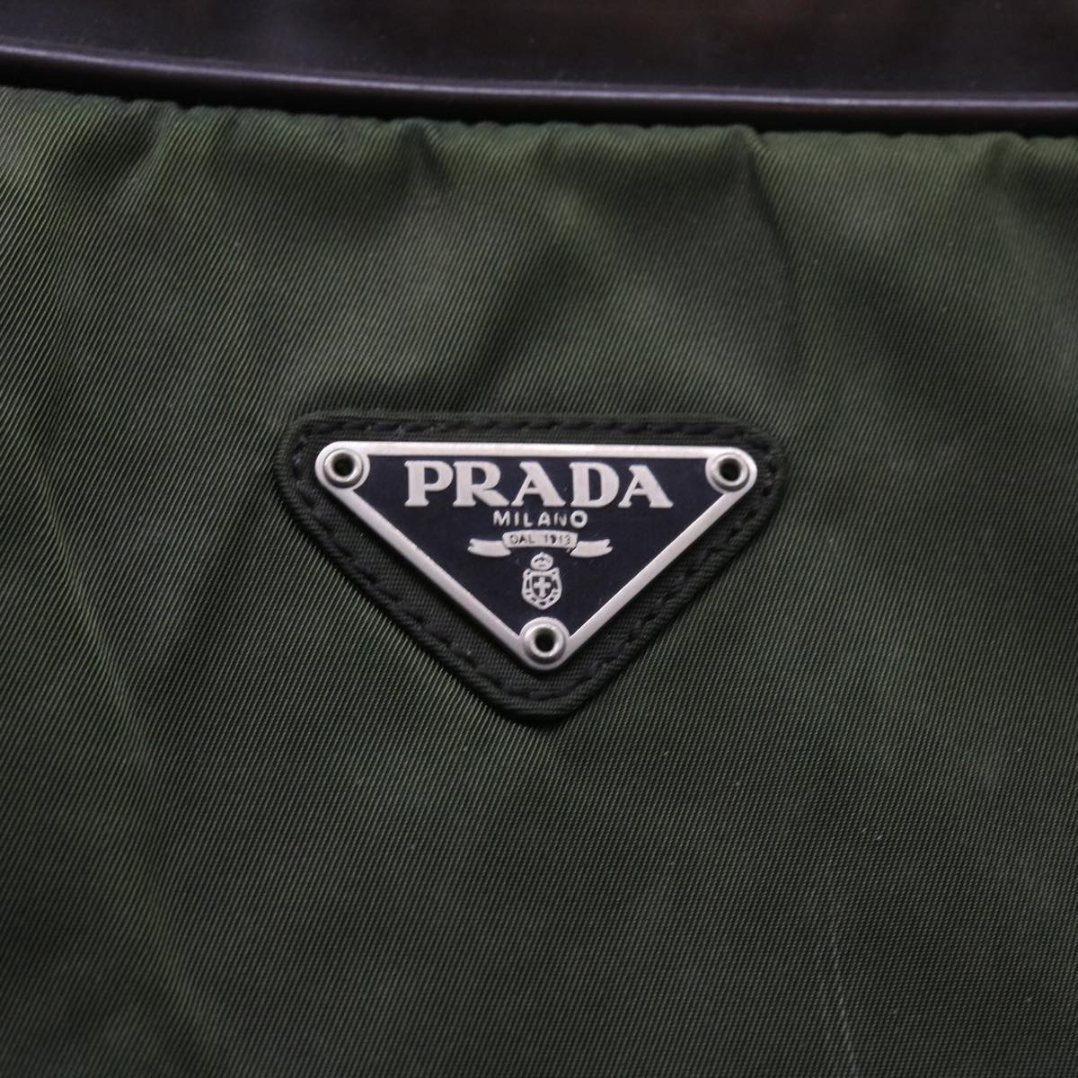 PRADA Hand Bag Nylon Leather Khaki Dark Brown Auth 54472