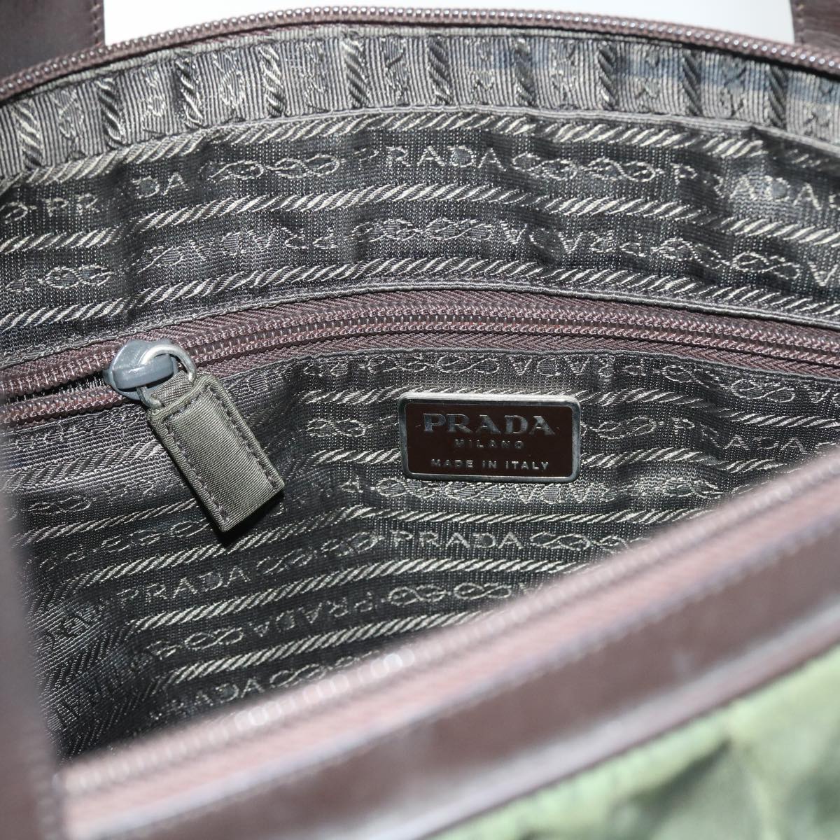 PRADA Hand Bag Nylon Leather Khaki Dark Brown Auth 54472