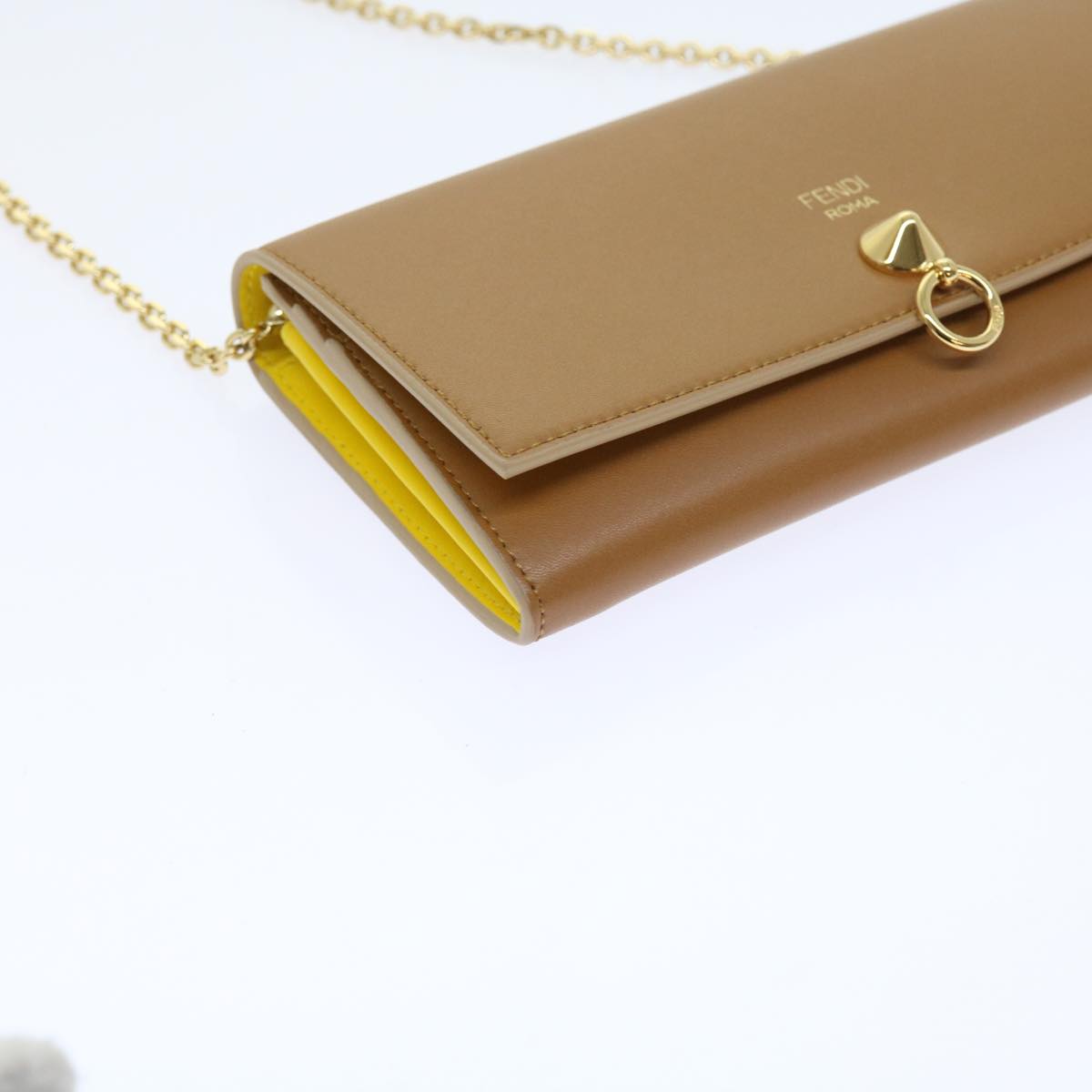 FENDI Chain Shoulder Long Wallet Leather Yellow Brown Auth 54537