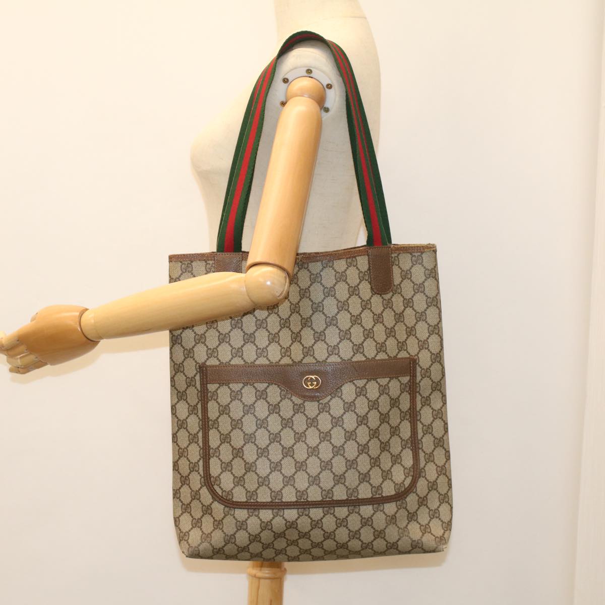 GUCCI GG Supreme Web Sherry Line Tote Bag Beige Red 002 58 6487 9411 Auth 54557