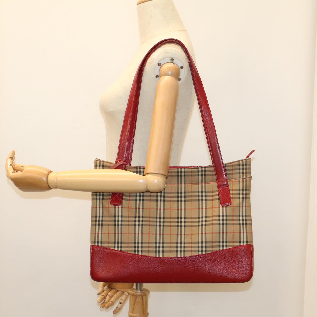 BURBERRY Nova Check Tote Bag Nylon Leather Beige Red Auth 54684