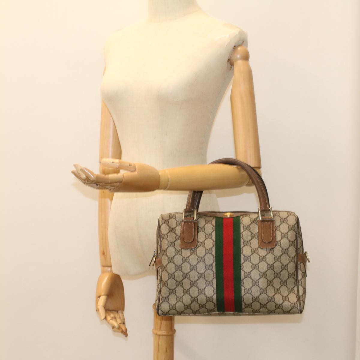 GUCCI GG Supreme Web Sherry Line Hand Bag Beige Red 378 002 3839 Auth 54693