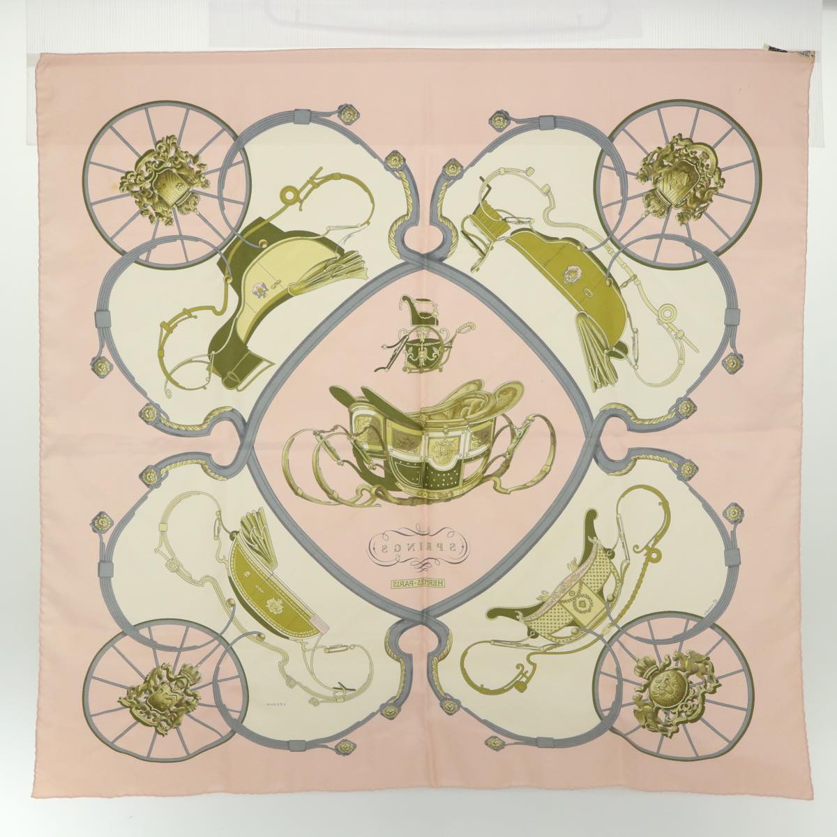 HERMES Carre 90 Springs Scarf Silk Pink White Auth 54717