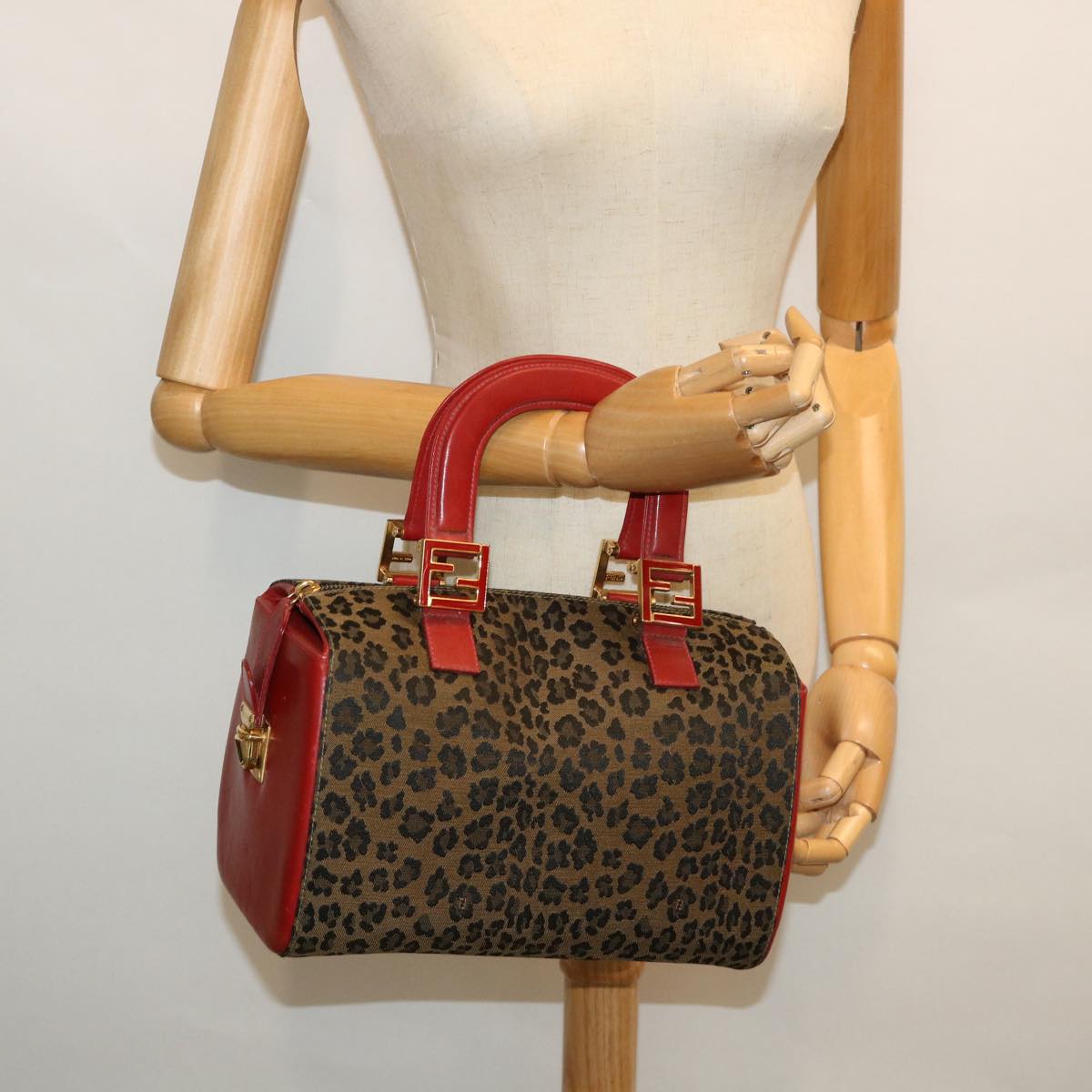 FENDI Leopard Boston Bag Canvas Brown Auth 54817