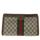 GUCCI GG Canvas Web Sherry Line Clutch Bag PVC Leather Beige Green Auth 54839-2