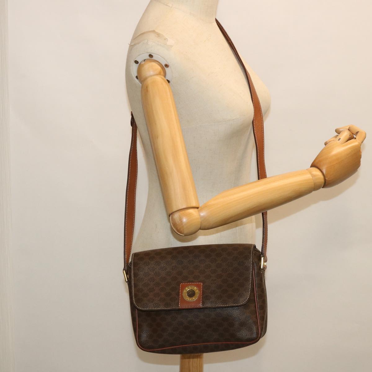 CELINE Macadam Canvas Shoulder Bag PVC Leather Brown Auth 54894